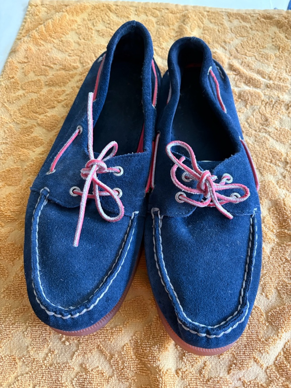 Sperry Navy Blue Suede Boat Shoes with Pink Accents